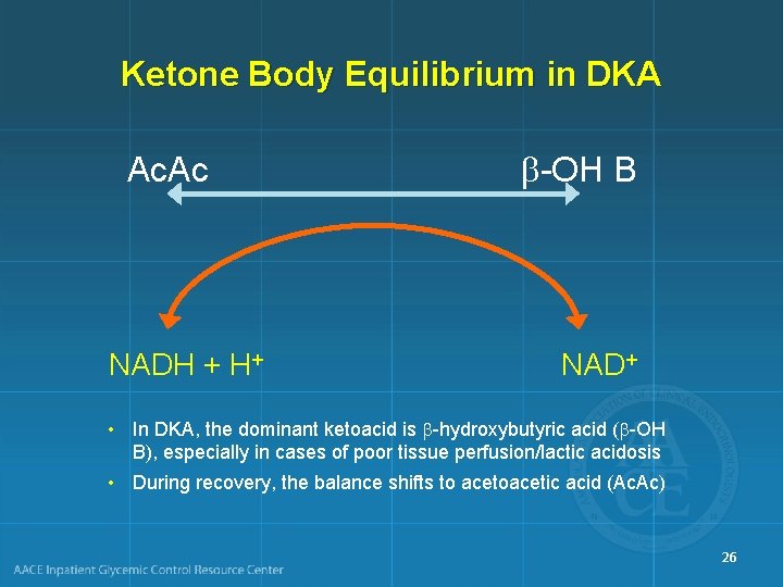 Ketone Body Equilibrium in DKA Ac. Ac NADH + H+ -OH B NAD+ •