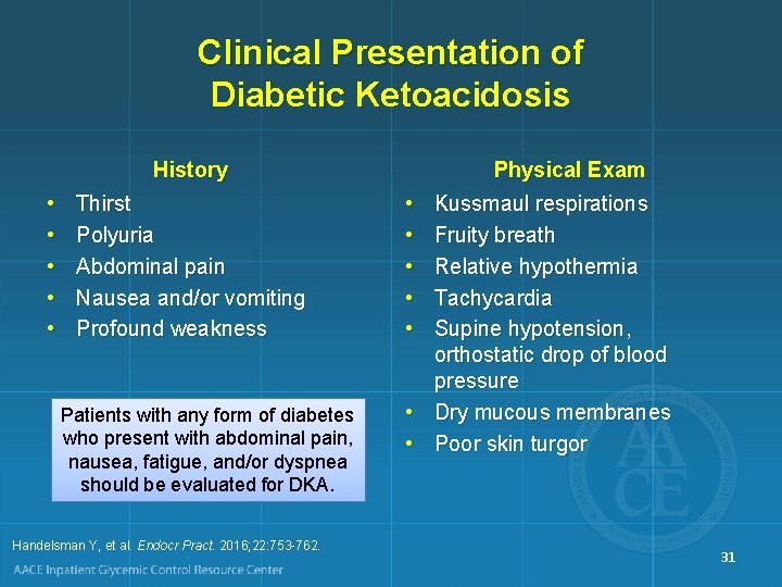 Clinical Presentation of Diabetic Ketoacidosis History • • • Thirst Polyuria Abdominal pain Nausea