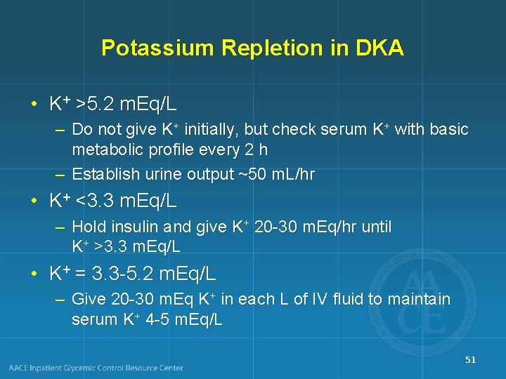 Potassium Repletion in DKA • K+ >5. 2 m. Eq/L – Do not give