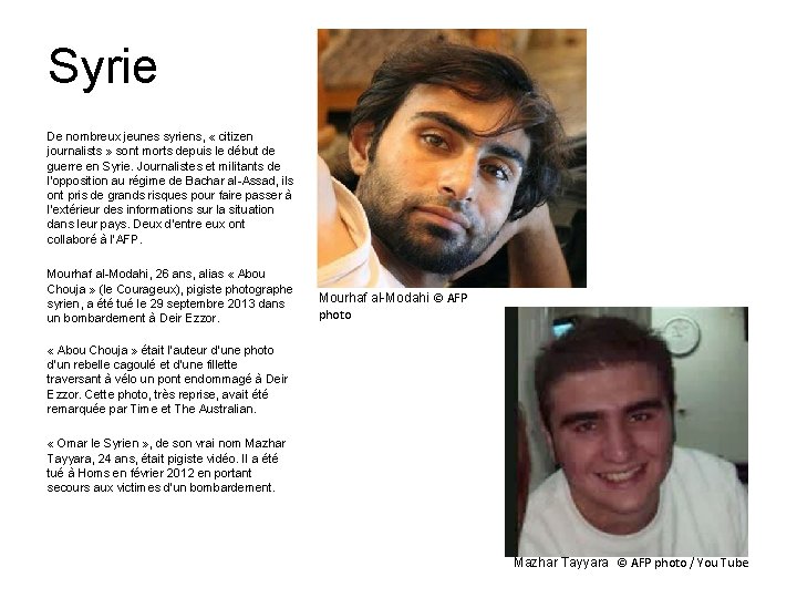 Syrie De nombreux jeunes syriens, « citizen journalists » sont morts depuis le début