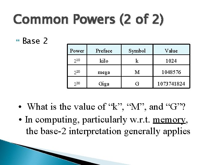Common Powers (2 of 2) Base 2 Power Preface Symbol Value 210 kilo k