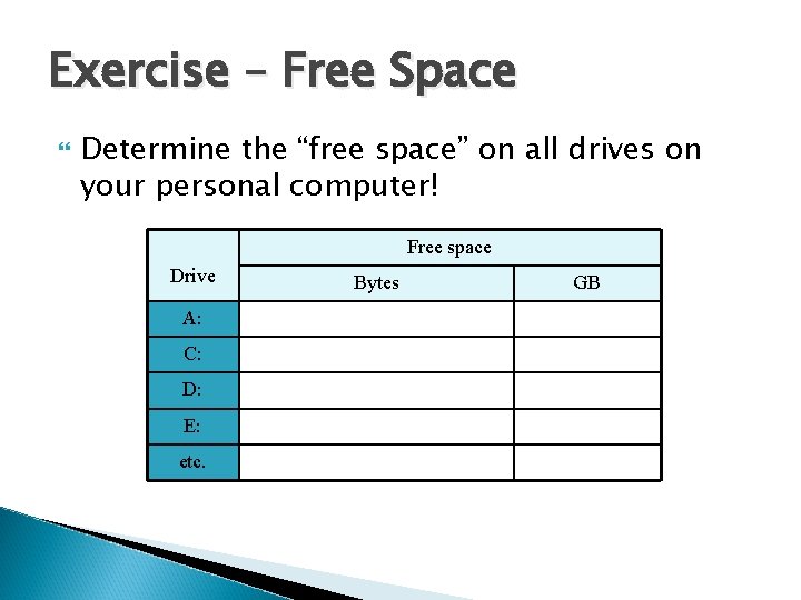 Exercise – Free Space Determine the “free space” on all drives on your personal