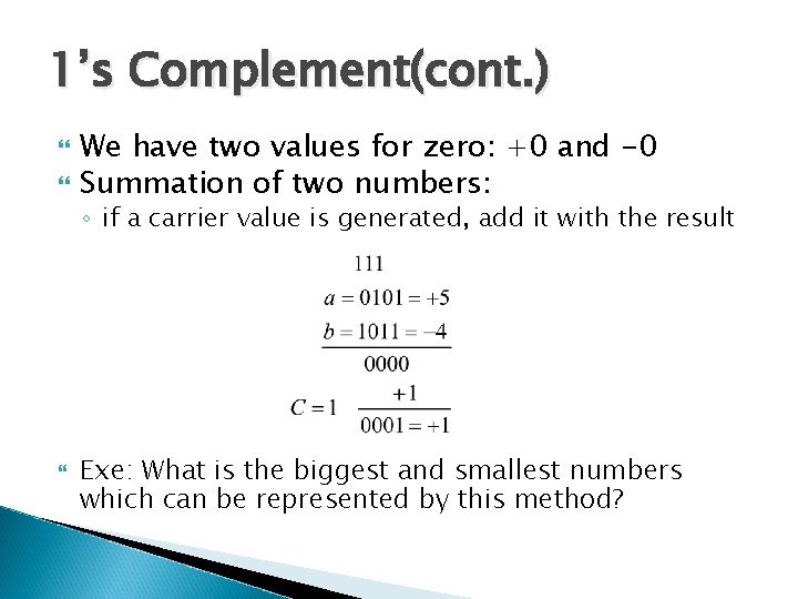 1’s Complement(cont. ) We have two values for zero: +0 and -0 Summation of