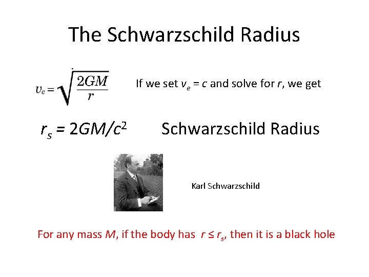 The Schwarzschild Radius If we set ve = c and solve for r, we