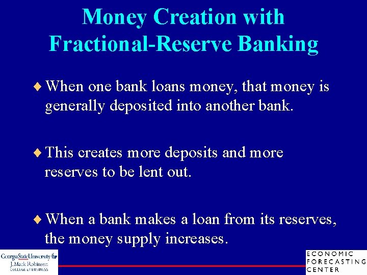 Money Creation with Fractional-Reserve Banking ¨ When one bank loans money, that money is