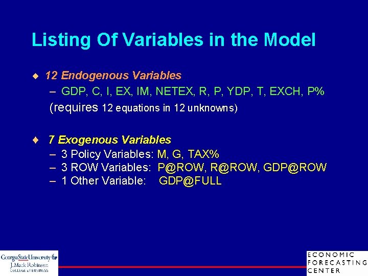 Listing Of Variables in the Model ¨ 12 Endogenous Variables – GDP, C, I,
