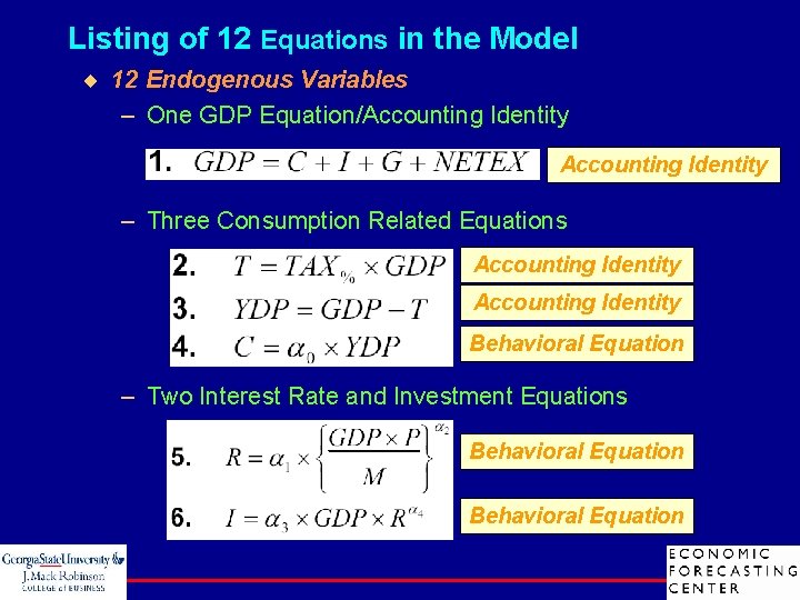Listing of 12 Equations in the Model ¨ 12 Endogenous Variables – One GDP