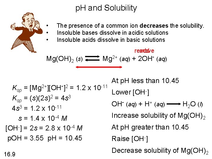p. H and Solubility • • • The presence of a common ion decreases