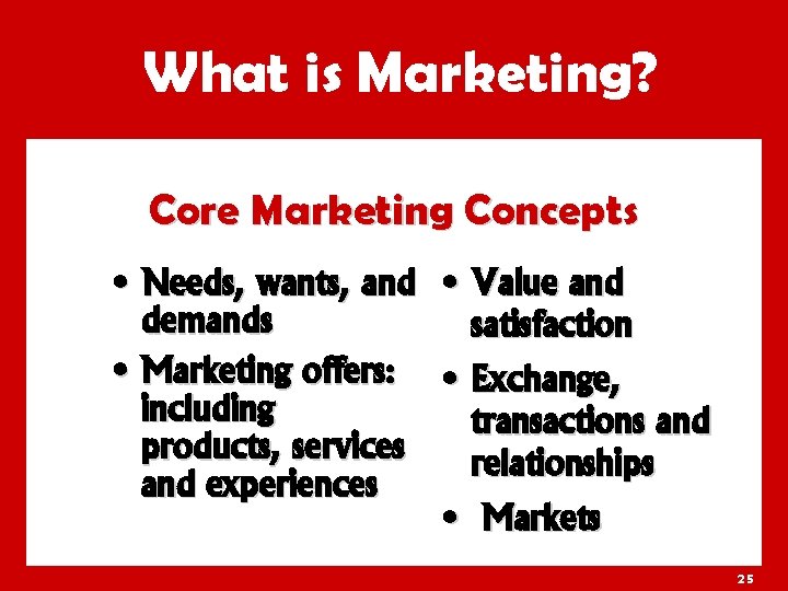 What is Marketing? Core Marketing Concepts • Needs, wants, and • Value and demands