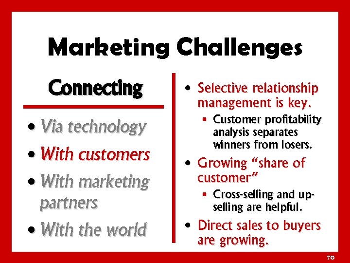 Marketing Challenges Connecting • Via technology • With customers • With marketing partners •