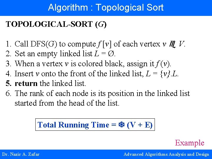 Algorithm : Topological Sort TOPOLOGICAL-SORT (G) 1. 2. 3. 4. 5. 6. Call DFS(G)
