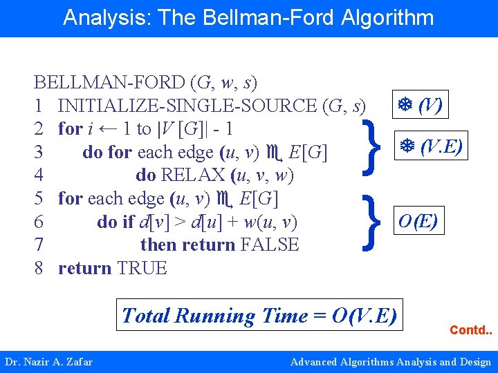 Analysis: The Bellman-Ford Algorithm BELLMAN-FORD (G, w, s) 1 INITIALIZE-SINGLE-SOURCE (G, s) 2 for