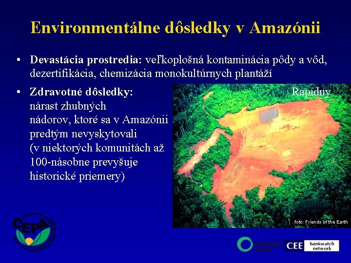 Environmentálne dôsledky v Amazónii • Devastácia prostredia: veľkoplošná kontaminácia pôdy a vôd, dezertifikácia, chemizácia