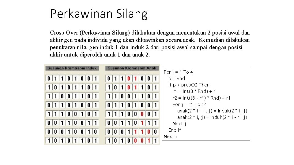 Perkawinan Silang Cross-Over (Perkawinan Silang) dilakukan dengan menentukan 2 posisi awal dan akhir gen Perkawinan Silang Cross-Over (Perkawinan Silang) dilakukan dengan menentukan 2 posisi awal dan akhir gen