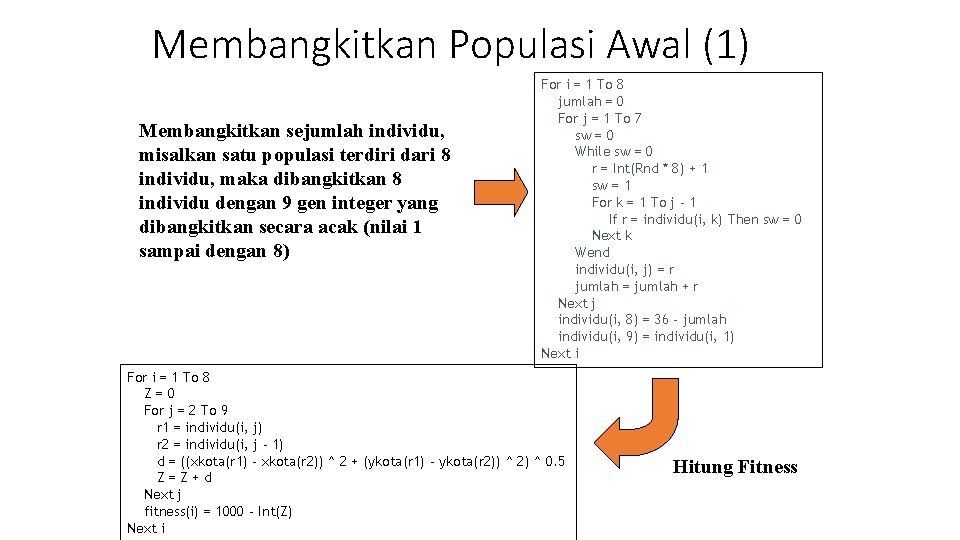 Membangkitkan Populasi Awal (1) Membangkitkan sejumlah individu, misalkan satu populasi terdiri dari 8 individu, Membangkitkan Populasi Awal (1) Membangkitkan sejumlah individu, misalkan satu populasi terdiri dari 8 individu,
