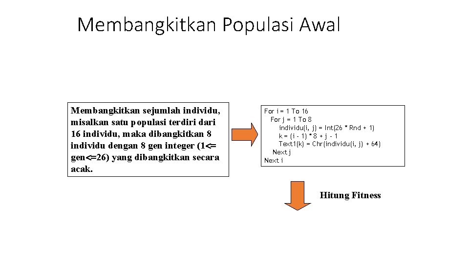 Membangkitkan Populasi Awal Membangkitkan sejumlah individu, misalkan satu populasi terdiri dari 16 individu, maka Membangkitkan Populasi Awal Membangkitkan sejumlah individu, misalkan satu populasi terdiri dari 16 individu, maka