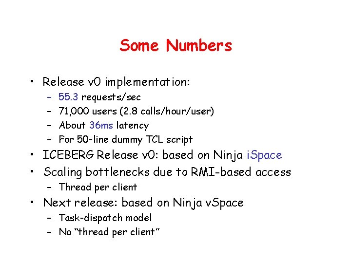 Some Numbers • Release v 0 implementation: – – 55. 3 requests/sec 71, 000