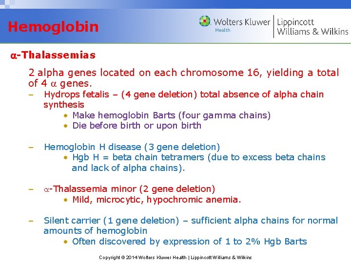 Hemoglobin -Thalassemias 2 alpha genes located on each chromosome 16, yielding a total of