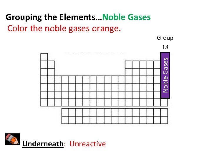 Group 18 Noble Gases Grouping the Elements…Noble Gases Color the noble gases orange. Underneath: