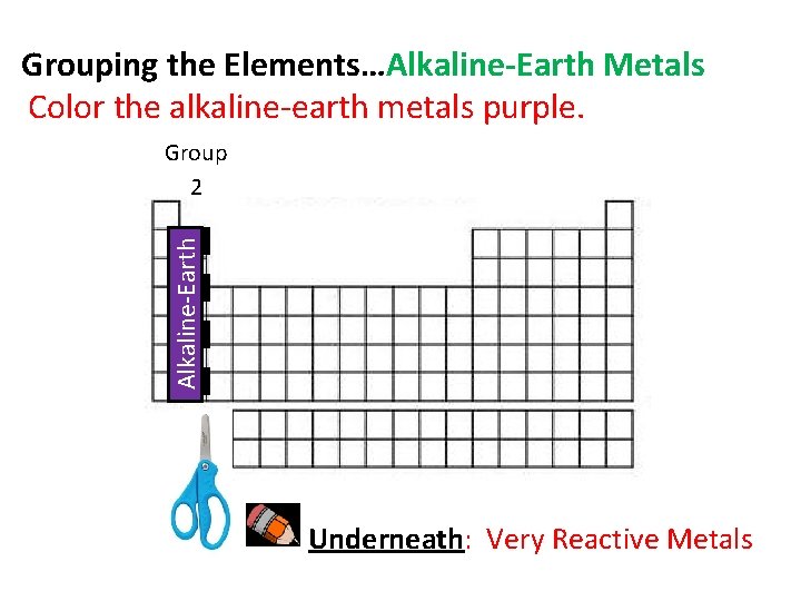 Grouping the Elements…Alkaline-Earth Metals Color the alkaline-earth metals purple. Alkaline-Earth Group 2 Underneath: Very