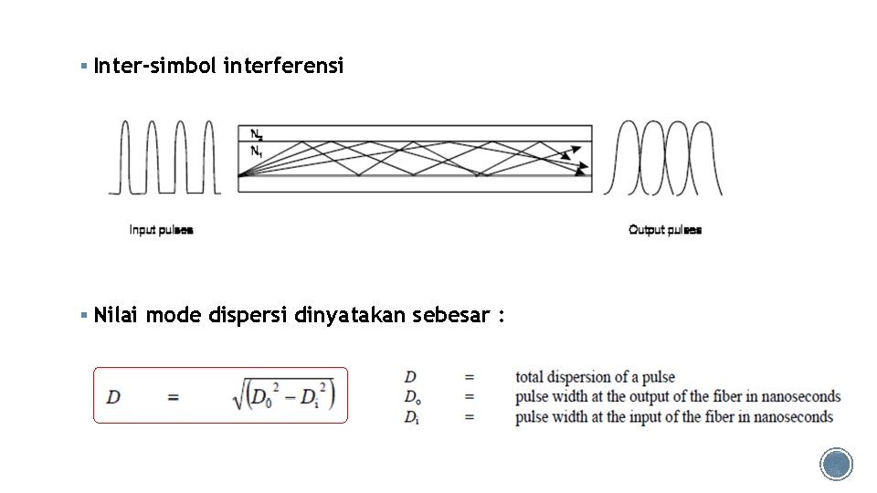 § Inter-simbol interferensi § Nilai mode dispersi dinyatakan sebesar : 