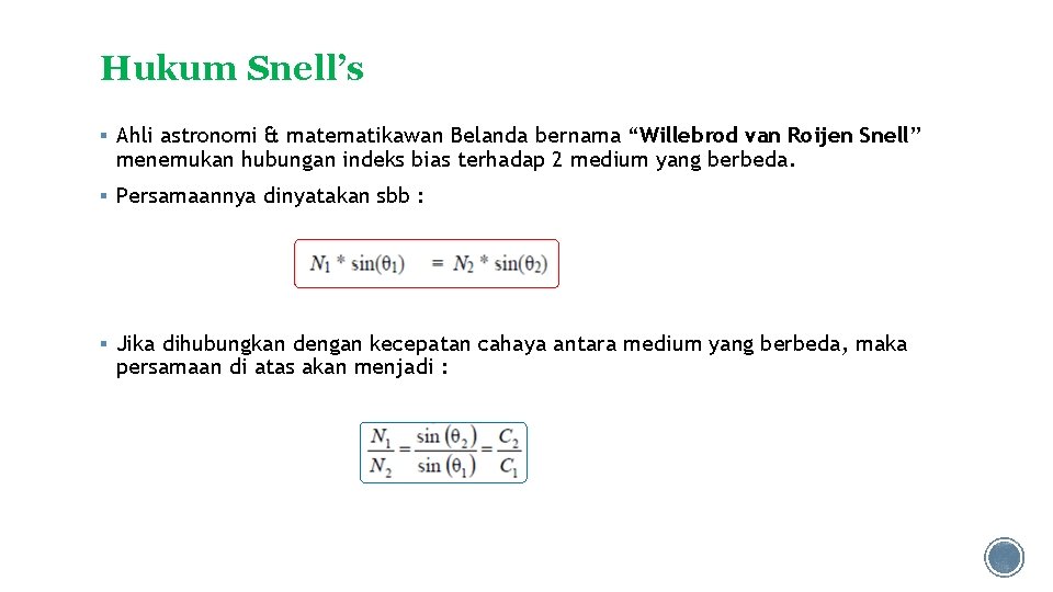 Hukum Snell’s § Ahli astronomi & matematikawan Belanda bernama “Willebrod van Roijen Snell” menemukan