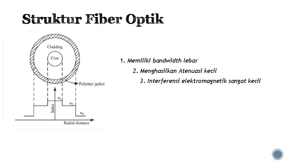 1. Memiliki bandwidth lebar 2. Menghasilkan Atenuasi kecil 3. Interferensi elektromagnetik sangat kecil 