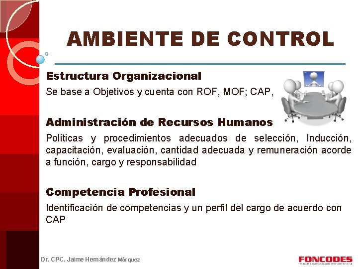 AMBIENTE DE CONTROL Estructura Organizacional Se base a Objetivos y cuenta con ROF, MOF;