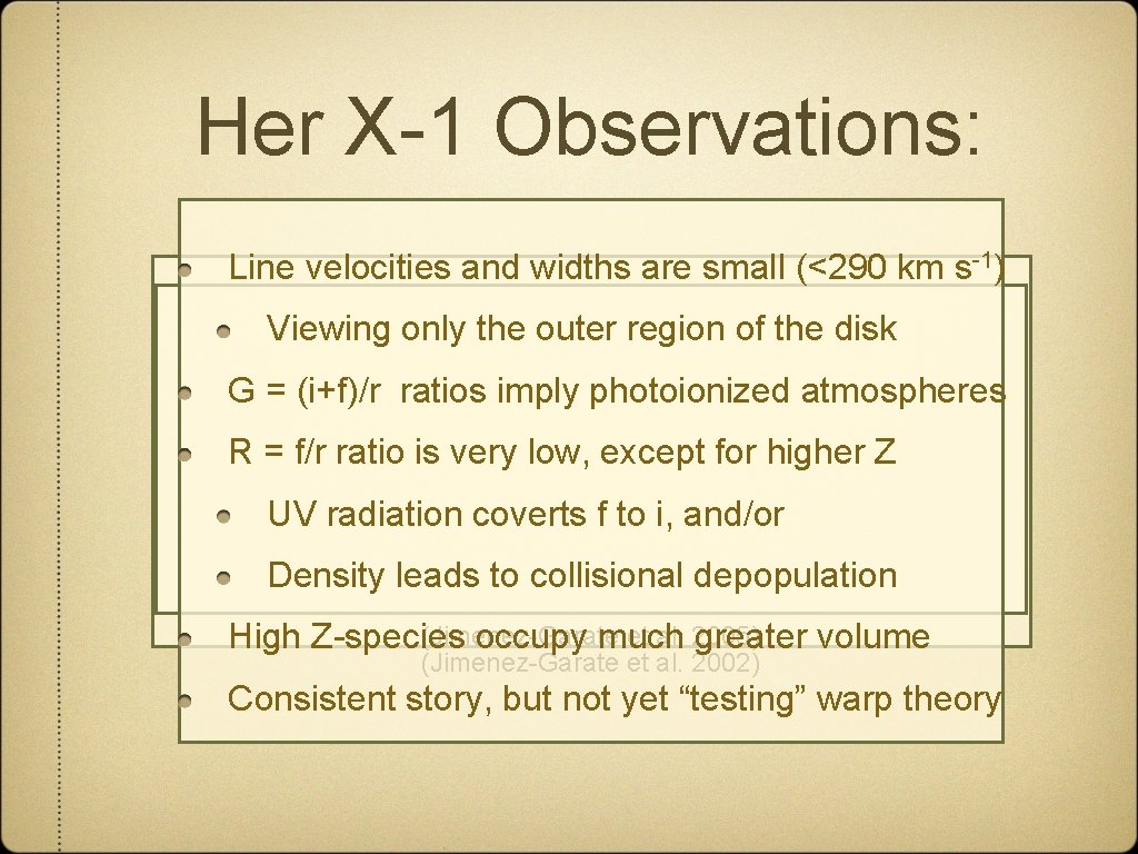 Her X-1 Observations: Line velocities and widths are small (<290 km s-1) Viewing only