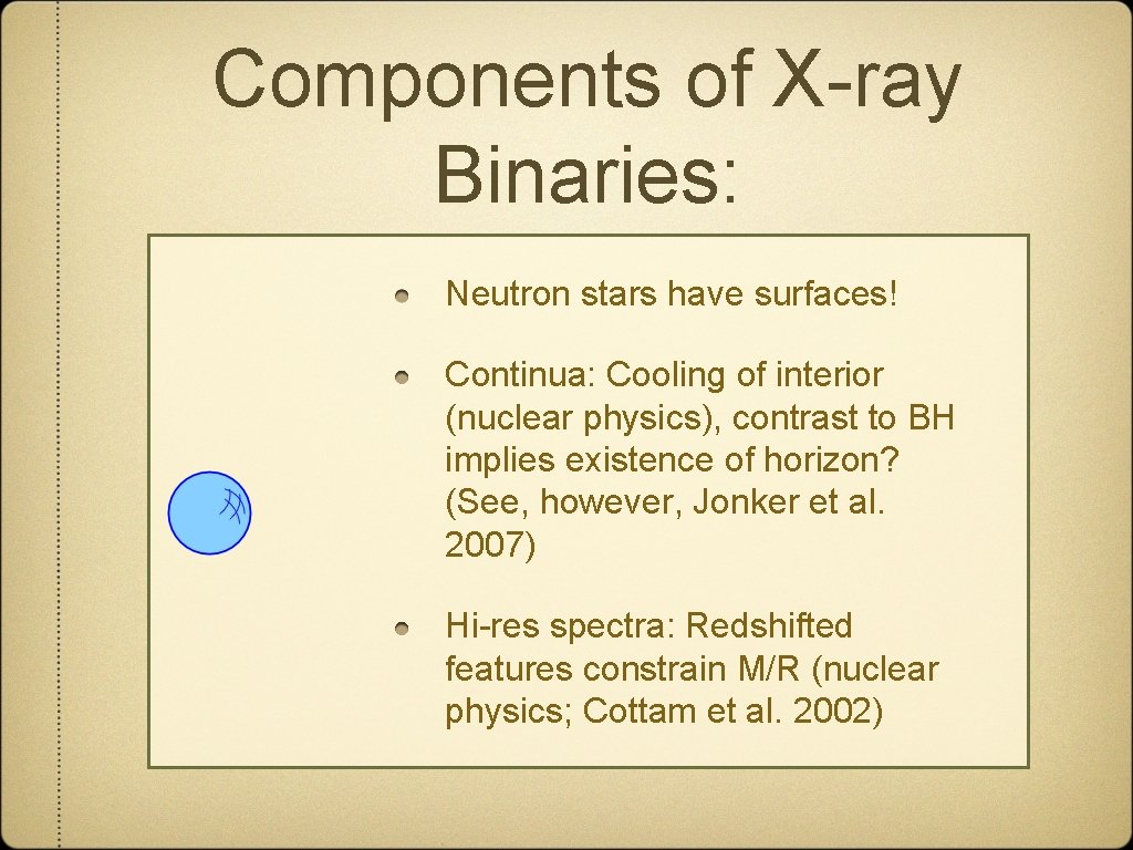 Components of X-ray Binaries: Neutron stars have surfaces! Continua: Cooling of interior (nuclear physics),