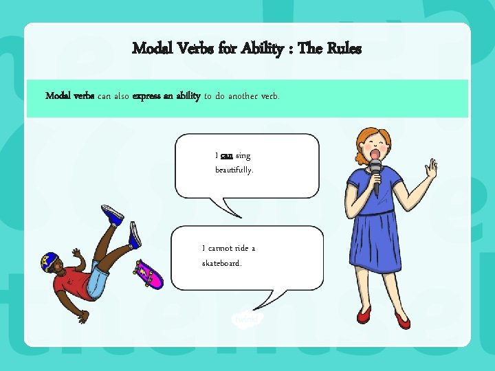 Modal Verbs for Ability : The Rules Modal verbs can also express an ability