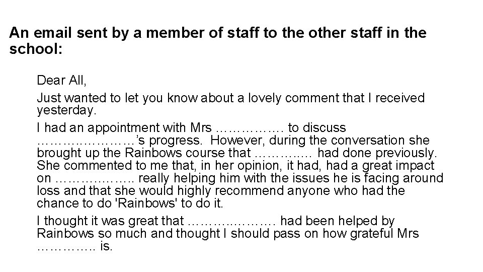 An email sent by a member of staff to the other staff in the