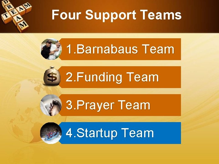 Four Support Teams 1. Barnabaus Team 2. Funding Team 3. Prayer Team 4. Startup