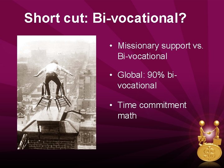 Short cut: Bi-vocational? • Missionary support vs. Bi-vocational • Global: 90% bivocational • Time