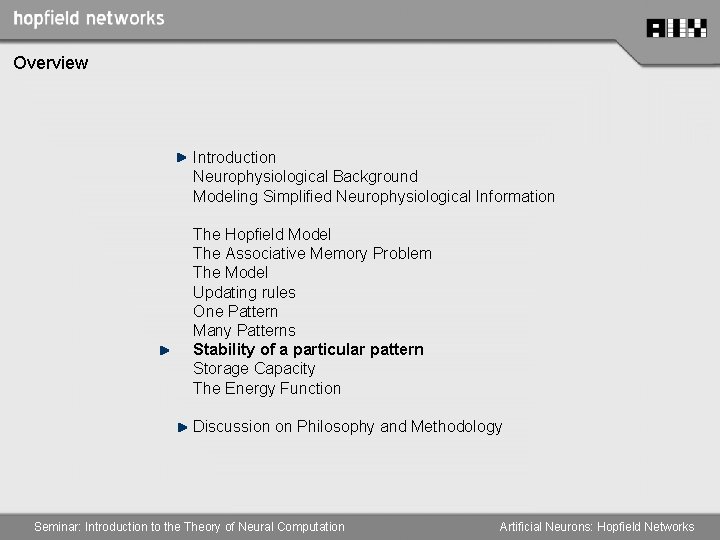 Overview Introduction Neurophysiological Background Modeling Simplified Neurophysiological Information The Hopfield Model The Associative Memory