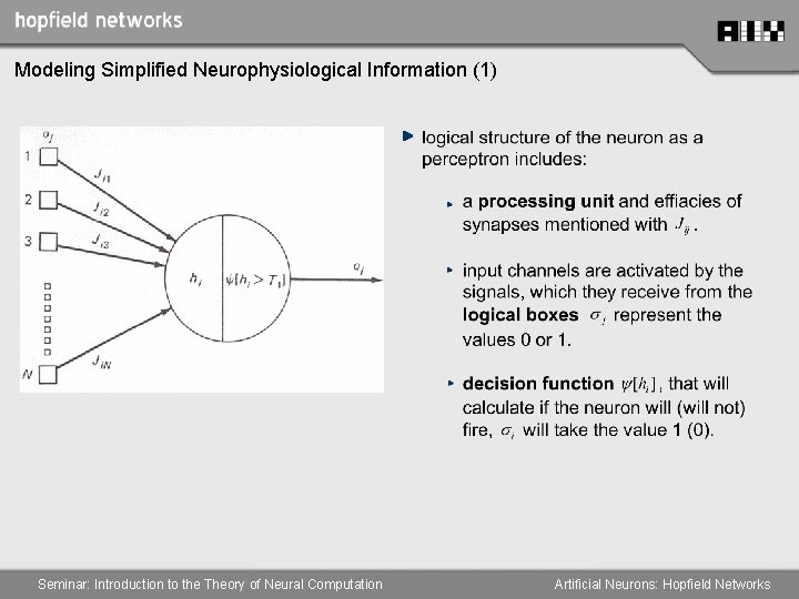 Modeling Simplified Neurophysiological Information (1) Seminar: Introduction to the Theory of Neural Computation Artificial