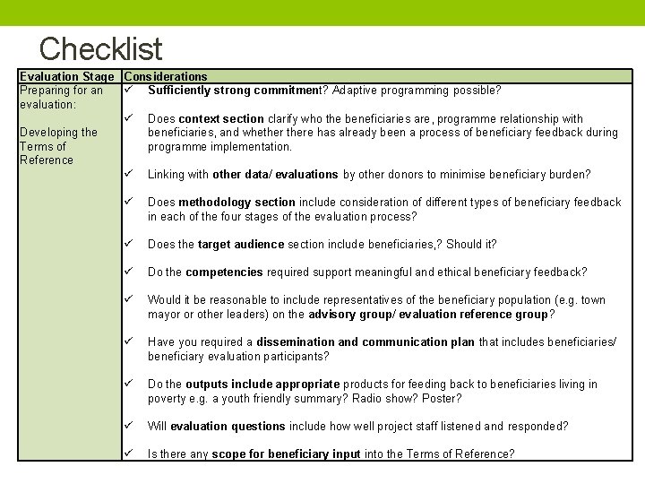 Checklist Evaluation Stage Considerations Preparing for an Sufficiently strong commitment? Adaptive programming possible? evaluation: