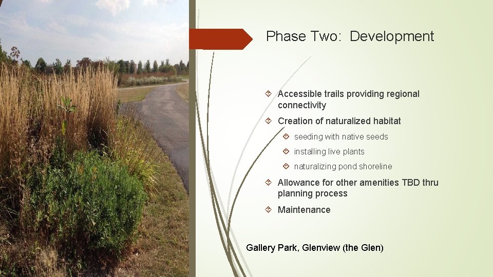 Phase Two: Development Accessible trails providing regional connectivity Creation of naturalized habitat seeding with