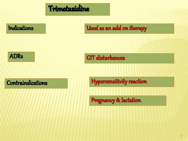 Trimetazidine Indications Used as an add on therapy ADRs GIT disturbances Contraindications Hypersensitivity reaction