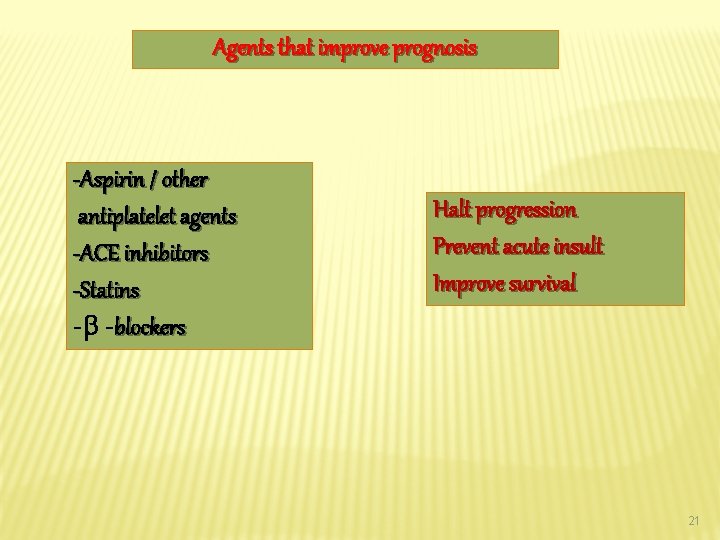 Agents that improve prognosis -Aspirin / other antiplatelet agents -ACE inhibitors -Statins - -blockers