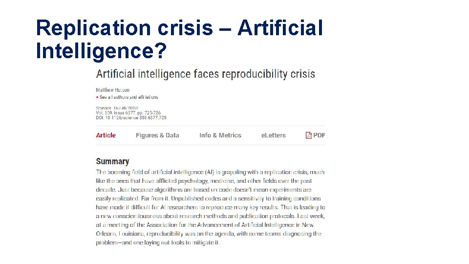 Replication crisis – Artificial Intelligence? 