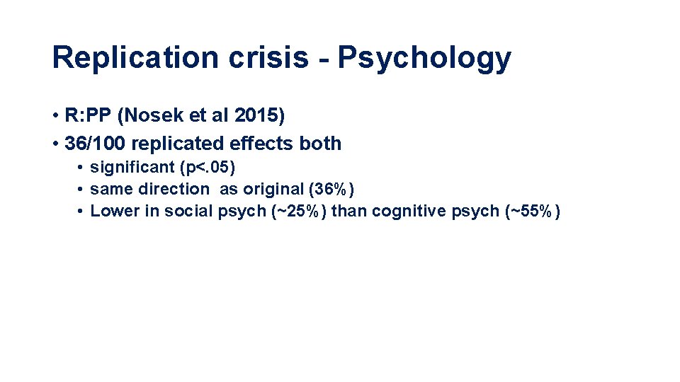 Replication crisis - Psychology • R: PP (Nosek et al 2015) • 36/100 replicated