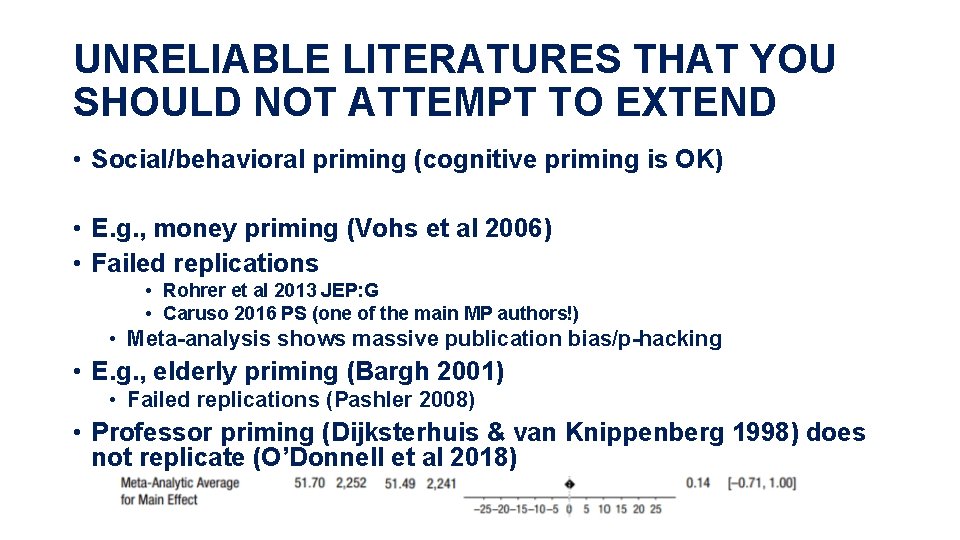 UNRELIABLE LITERATURES THAT YOU SHOULD NOT ATTEMPT TO EXTEND • Social/behavioral priming (cognitive priming