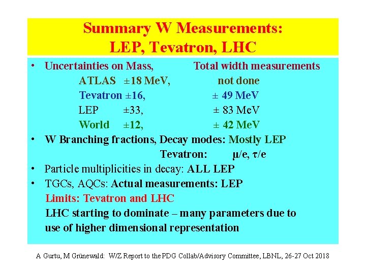 Summary W Measurements: LEP, Tevatron, LHC • Uncertainties on Mass, Total width measurements ATLAS