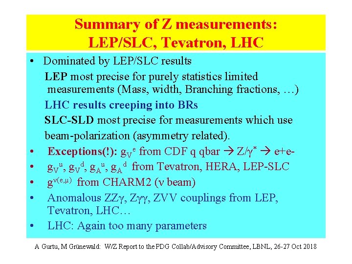 Summary of Z measurements: LEP/SLC, Tevatron, LHC • Dominated by LEP/SLC results LEP most