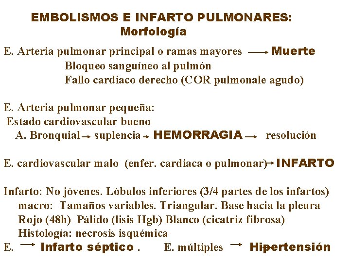 EMBOLISMOS E INFARTO PULMONARES: Morfología E. Arteria pulmonar principal o ramas mayores Muerte Bloqueo