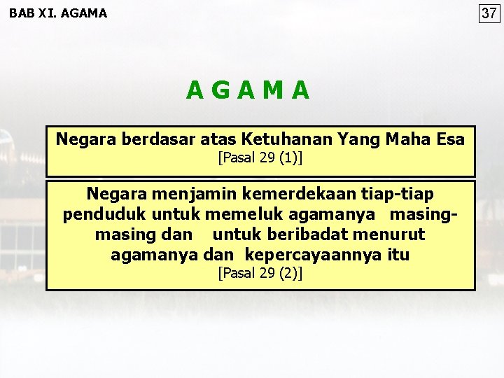 BAB XI. AGAMA 37 AGAMA Negara berdasar atas Ketuhanan Yang Maha Esa [Pasal 29