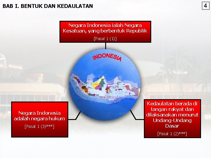 4 BAB I. BENTUK DAN KEDAULATAN Negara Indonesia ialah Negara Kesatuan, yang berbentuk Republik