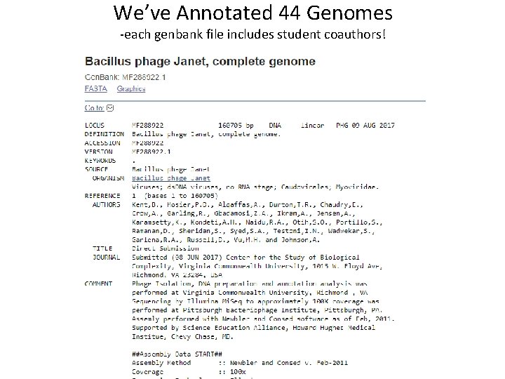 We’ve Annotated 44 Genomes -each genbank file includes student coauthors! 