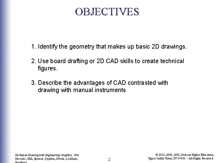 OBJECTIVES 1. Identify the geometry that makes up basic 2 D drawings. 2. Use